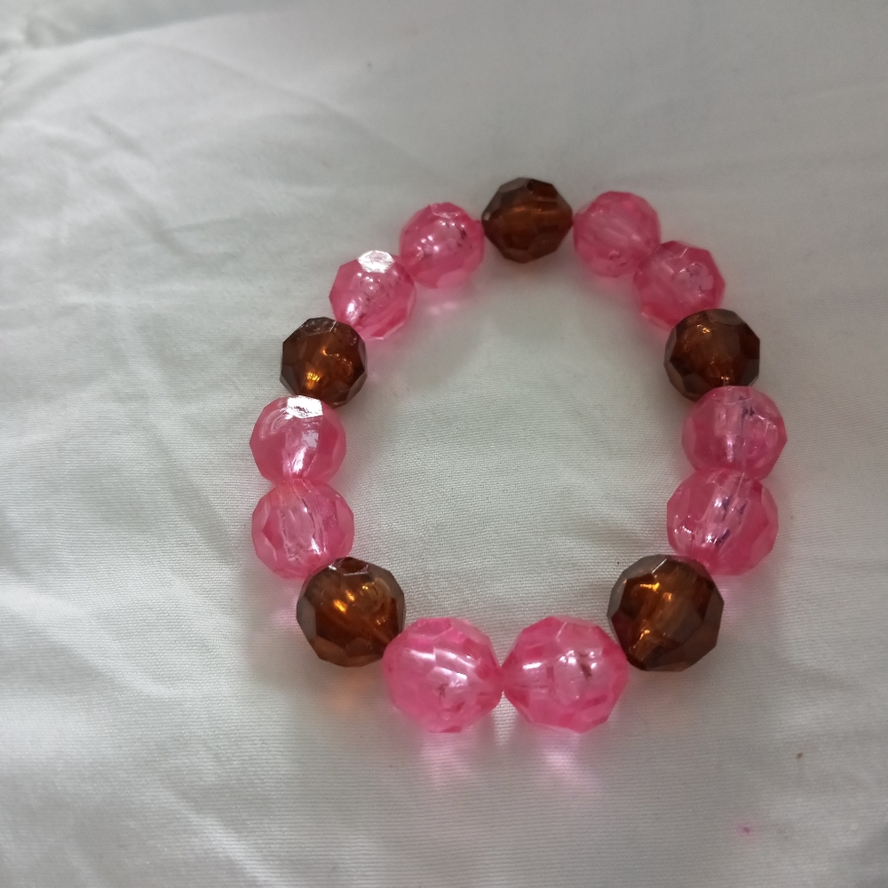 Hand Crafted Pink Crystal beaded statement bracelet pink and brown stretch